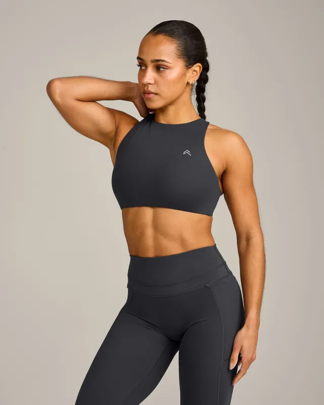 EasyLift™ High Neck Sports Bra with Grey Logo | Coal sold by Oner Active