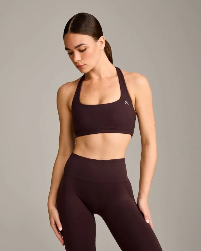 EasyLift™ Halter Bralette with Grey Logo | Plum Brown made by Oner Active