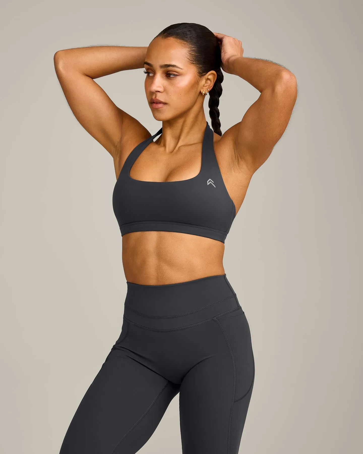 EasyLift™ Halter Bralette with Grey Logo | Coal sold by Oner Active