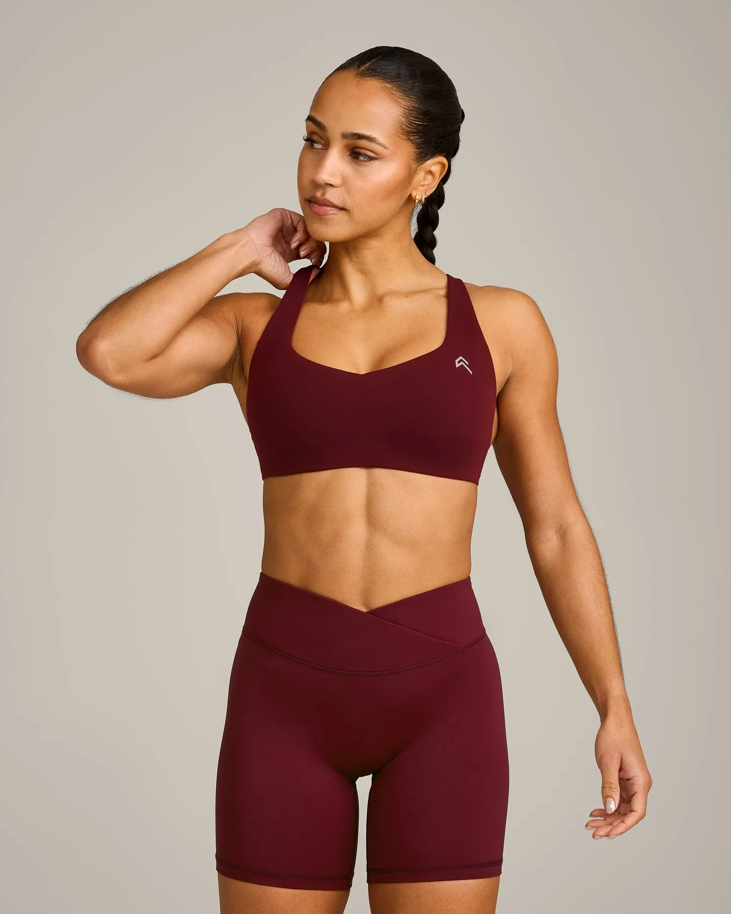EasyLift™ Cross Back Sports Bra with Grey Logo | Rosewood sold by Oner Active