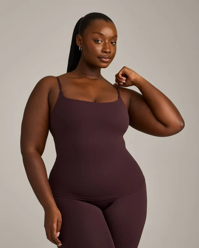 SoftMotion™ Strappy Vest with Built in Bra Shelf with Grey Logo | Plum Brown made by Oner Active