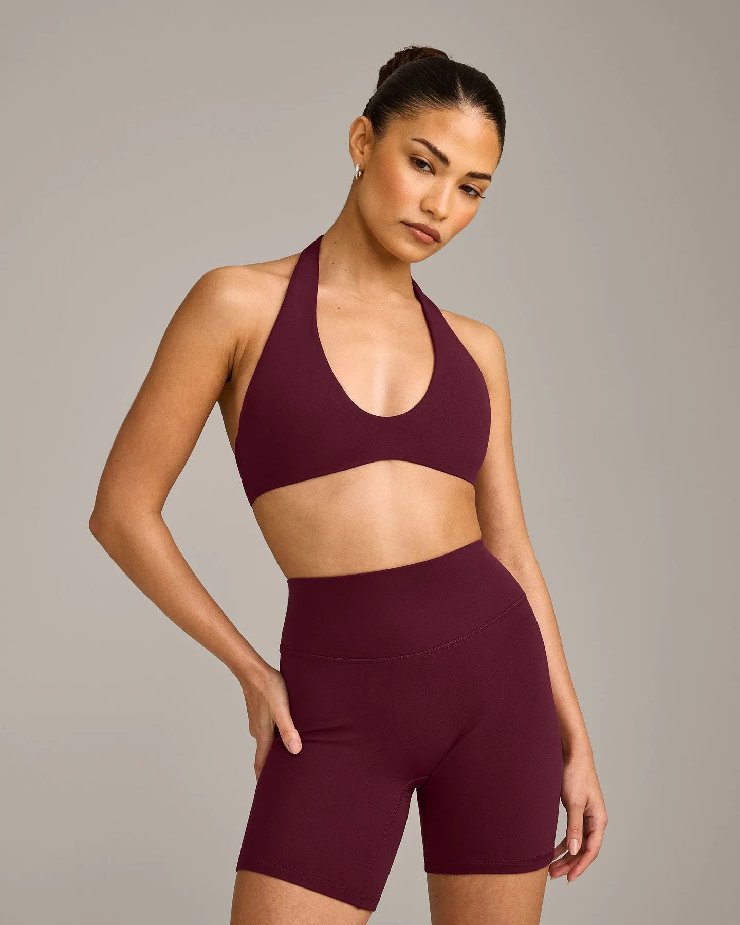 SoftMotion™ Minimal Halter Neck Bralette with Grey Logo | Cherry Lacquer Purple sold by Oner Active