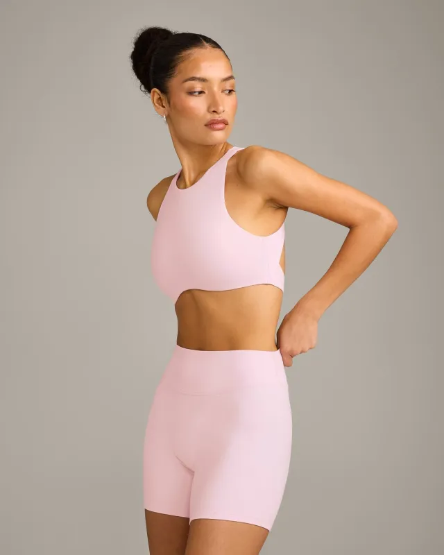 SoftMotion™ High Neck Sports Bra with Grey Logo | Soft Girl Pink sold by Oner Active