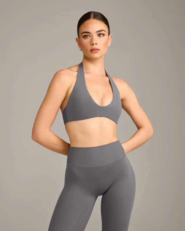 SoftMotion™ Minimal Halter Neck Bralette with Grey Logo | Ash Grey made by Oner Active