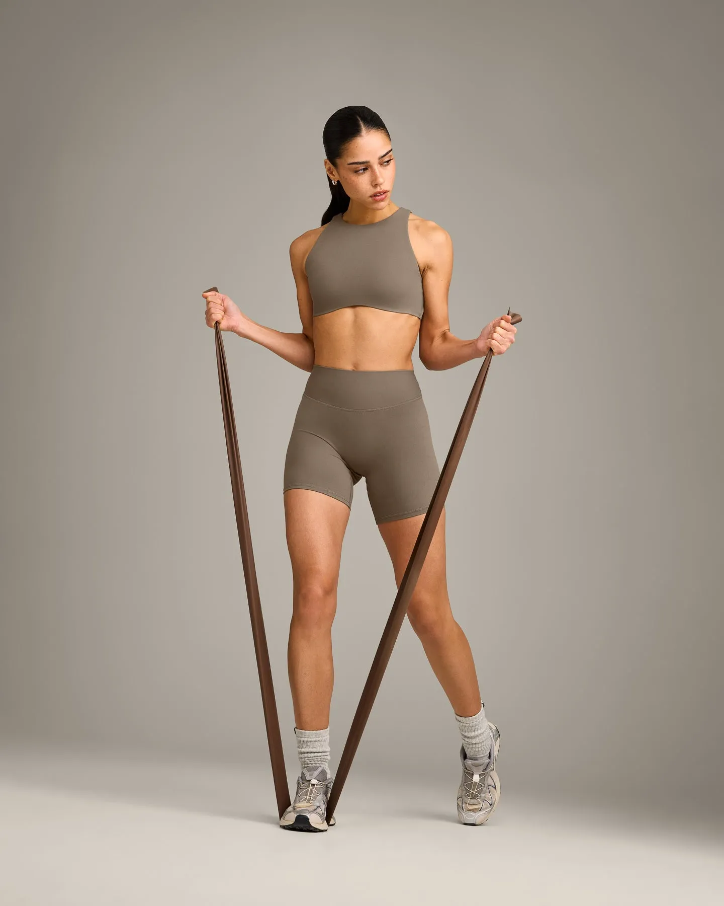 SoftMotion™ High Neck Sports Bra with Grey Logo | Moss Brown sold by Oner Active product image thumbnail 3