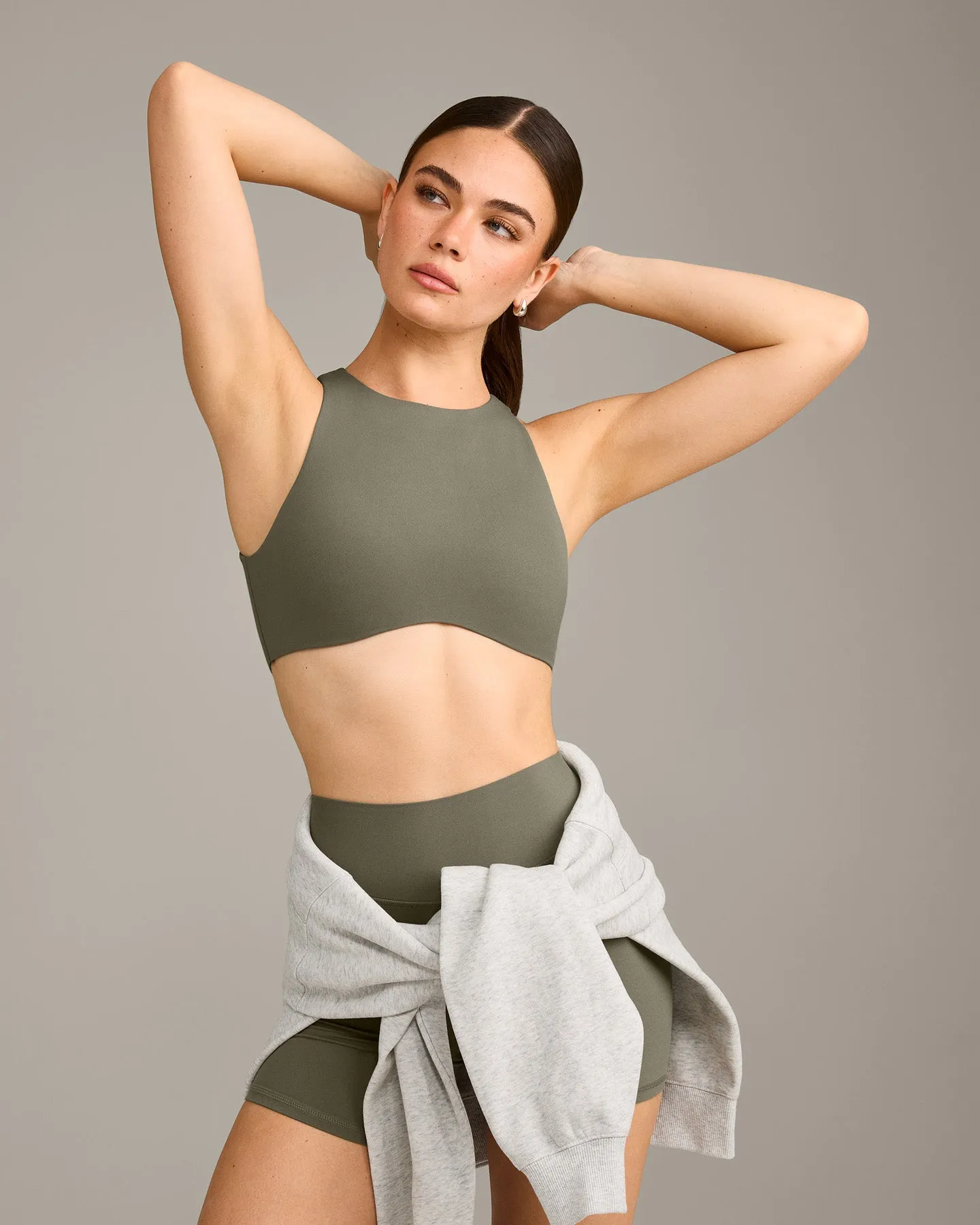 SoftMotion™ High Neck Sports Bra with Grey Logo | Alpine Green sold by Oner Active