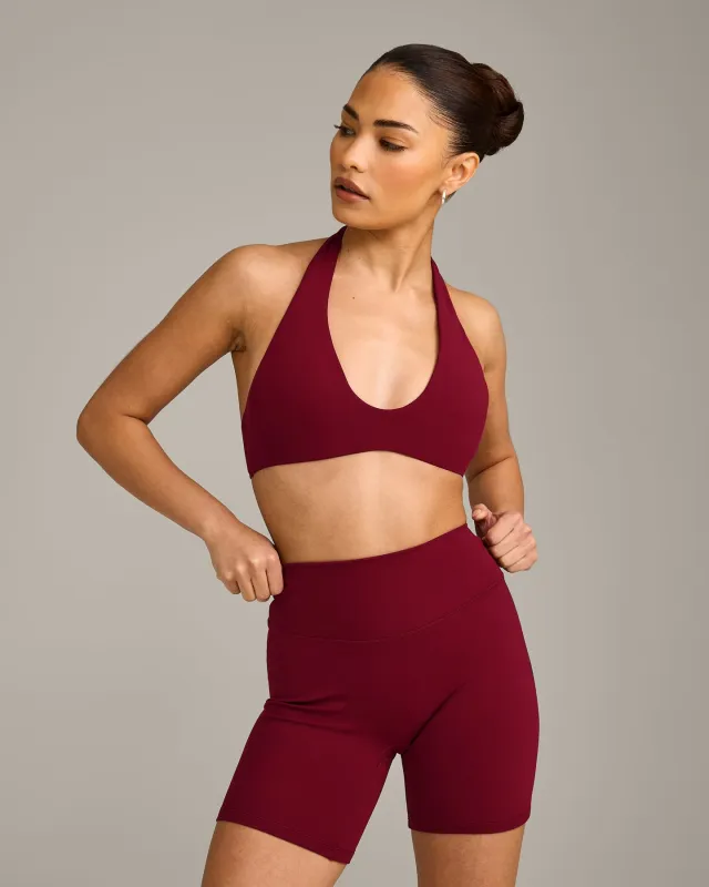 SoftMotion™ Minimal Halter Neck Bralette with Grey Logo | Ruby Red made by Oner Active
