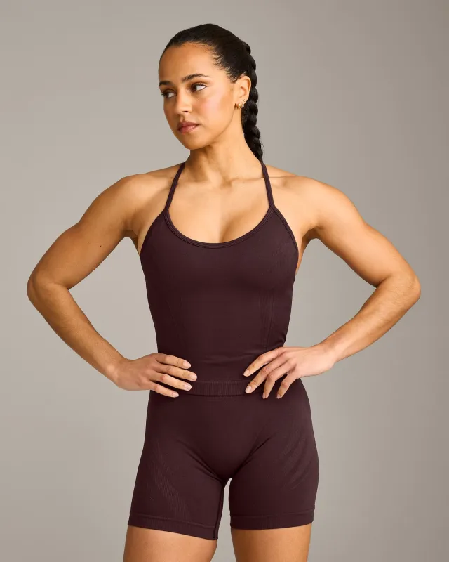 EnhanceLift™ Seamless Strappy Racer Vest with Built in Bra Shelf with Grey Logo | Plum Brown sold by Oner Active