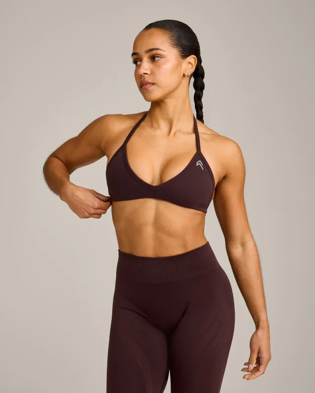 EnhanceLift™ Seamless Minimal Halter Neck Bralette with Grey Logo | Plum Brown made by Oner Active