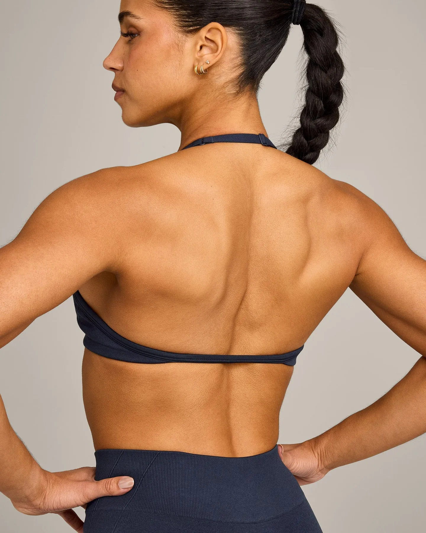 EnhanceLift™ Seamless Minimal Halter Neck Bralette with Grey Logo | True Blue sold by Oner Active product image thumbnail 2