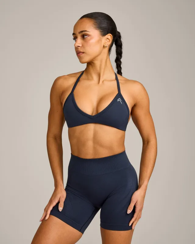 EnhanceLift™ Seamless Minimal Halter Neck Bralette with Grey Logo | True Blue sold by Oner Active