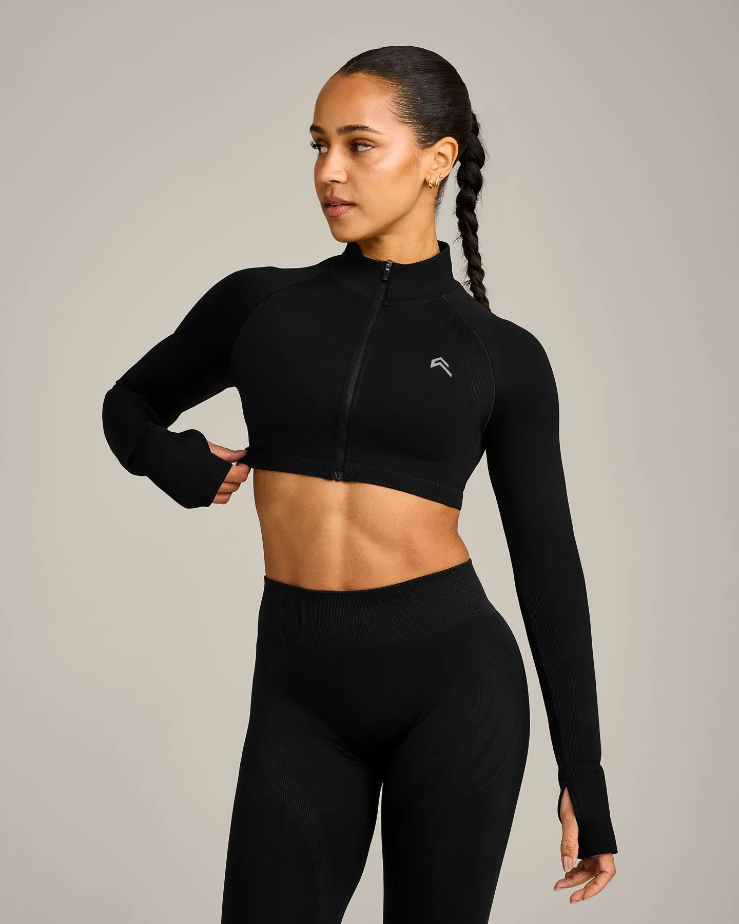 EnhanceLift™ Seamless Crop Jacket with Grey Logo | Black sold by Oner Active