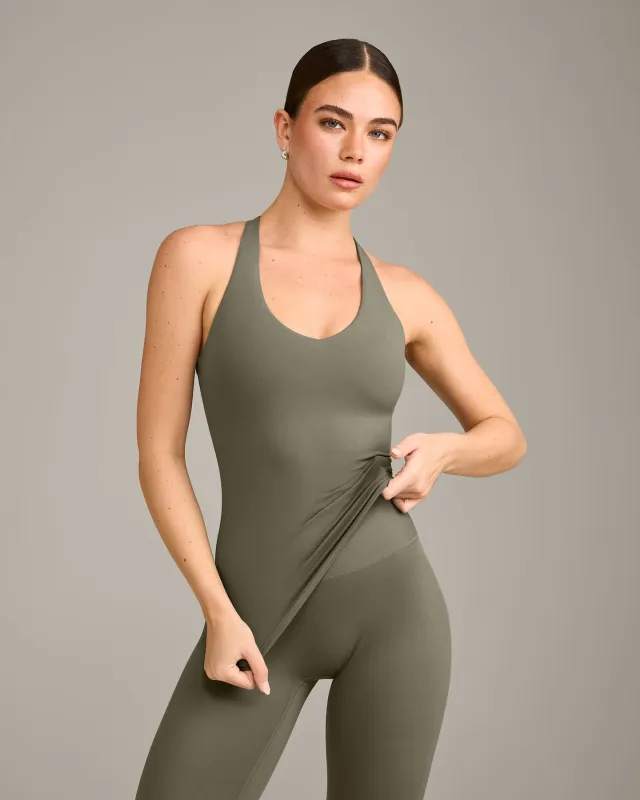 SoftMotion™ Racer Back Vest with Built in Bra Shelf with Grey Logo | Alpine Green made by Oner Active