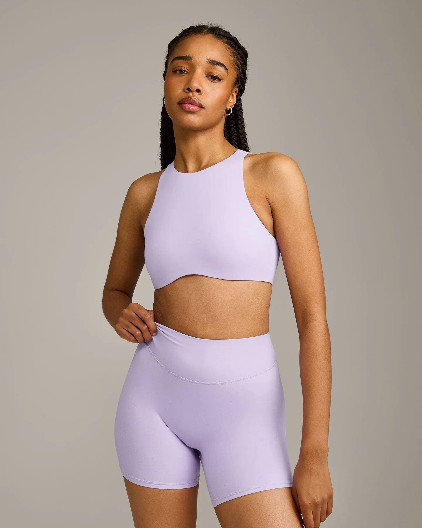 SoftMotion™ High Neck Sports Bra with Grey Logo | Lavender Purple sold by Oner Active