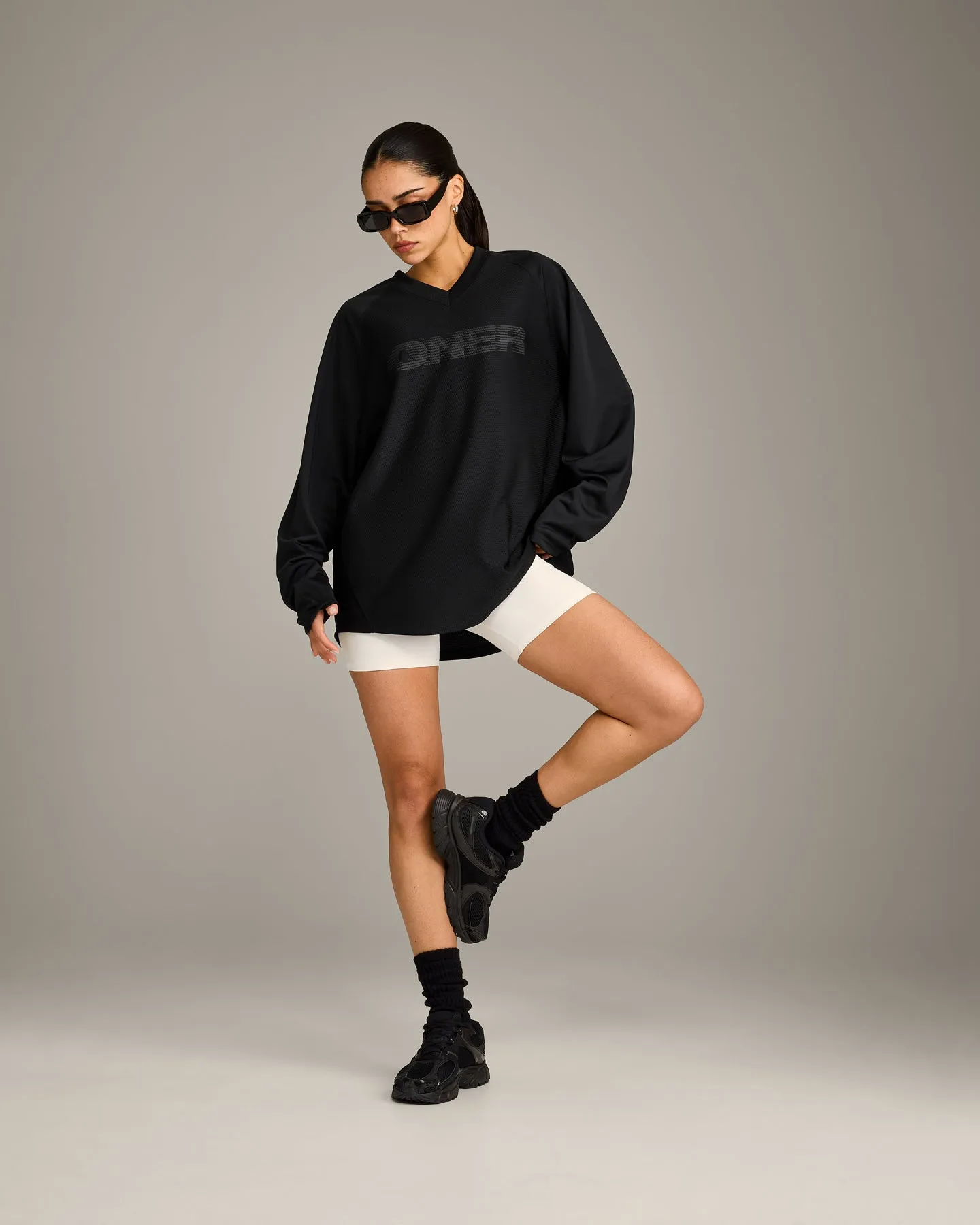 Oversized V Neck Long Sleeve T-Shirt with Oner Graphic | Black sold by Oner Active product image thumbnail 3