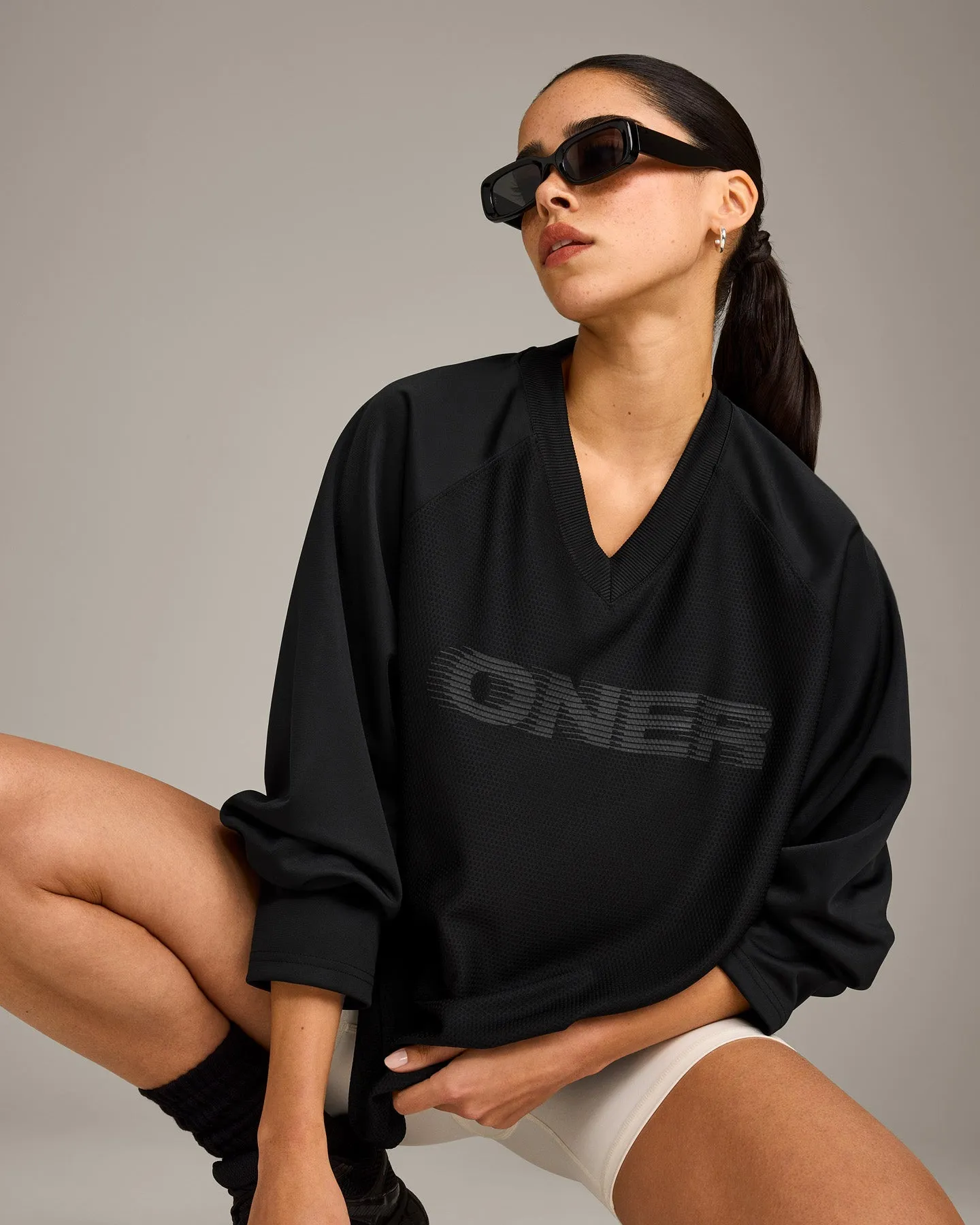 Oversized V Neck Long Sleeve T-Shirt with Oner Graphic | Black sold by Oner Active product image thumbnail 5