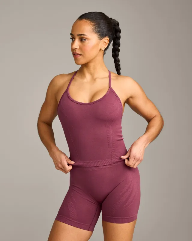 EnhanceLift™ Seamless Strappy Racer Vest with Built in Bra Shelf with Grey Logo | Burnt Maroon made by Oner Active