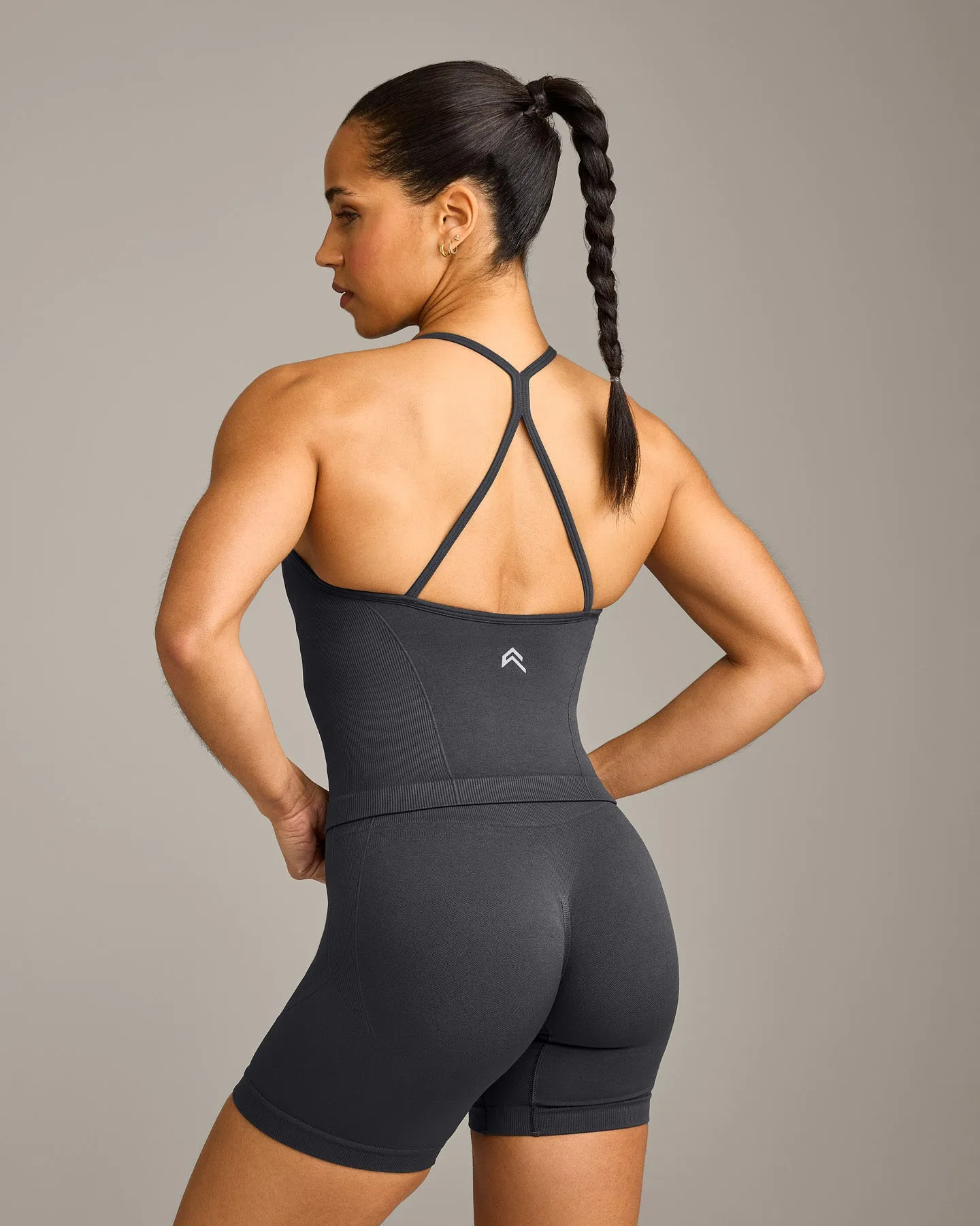 EnhanceLift™ Seamless Strappy Racer Vest with Built in Bra Shelf with Grey Logo | Coal sold by Oner Active product image thumbnail 2