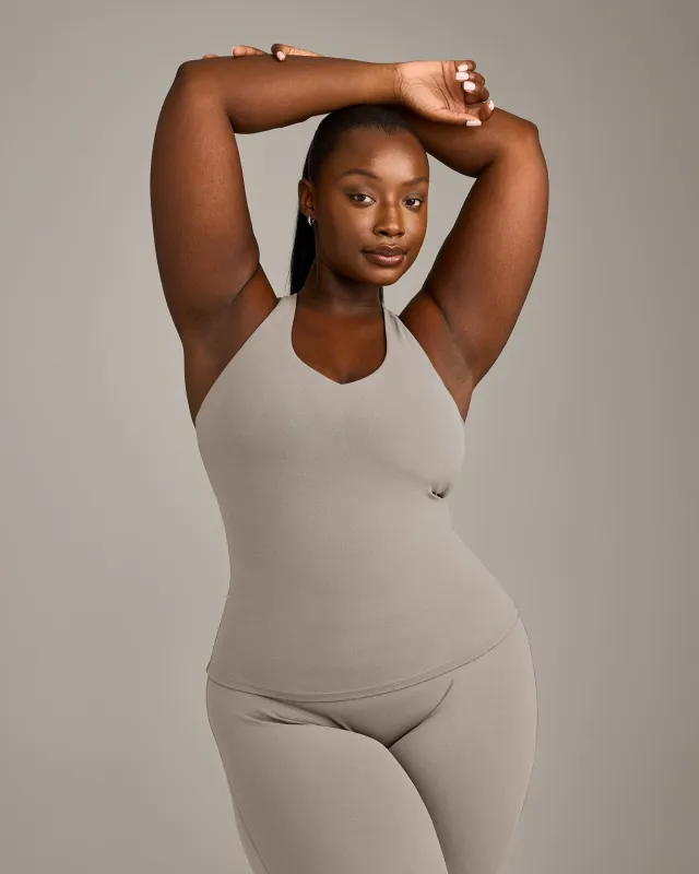 SoftMotion™ Racer Back Vest with Built in Bra Shelf with White Logo | Warm Sand made by Oner Active