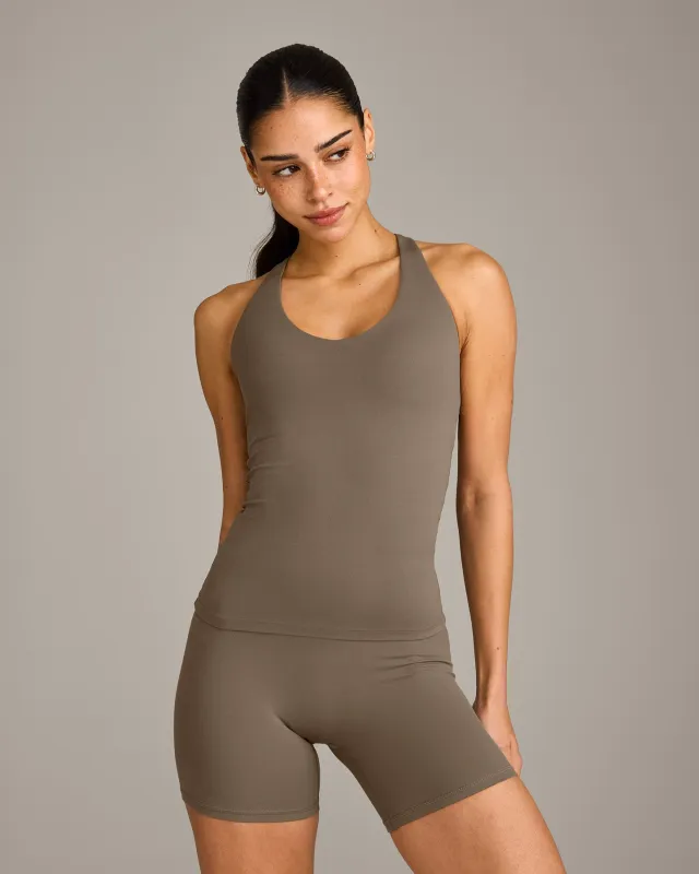 SoftMotion™ Racer Back Vest with Built in Bra Shelf with Grey Logo | Moss Brown made by Oner Active