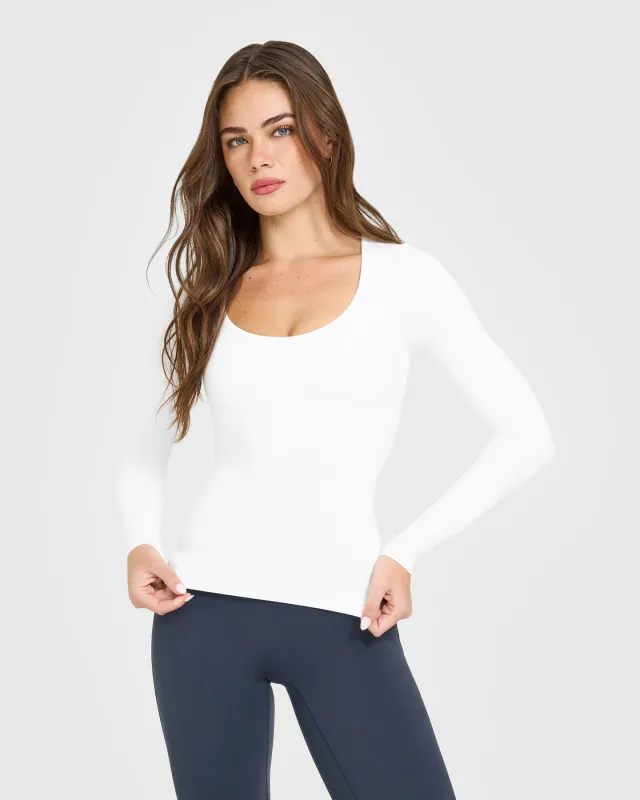 SoftMotion™ Scoop Neck Long Sleeve Top with Built in Bra Shelf | White made by Oner Active