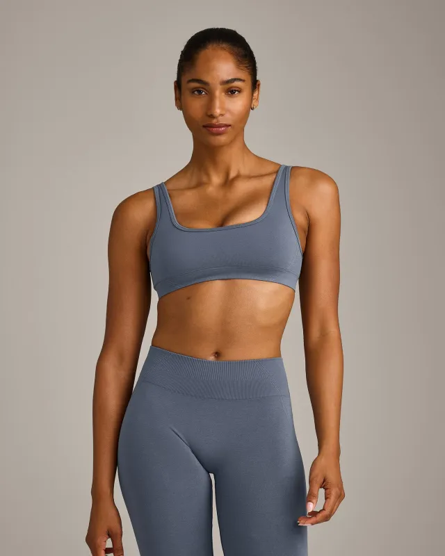 EffortlessLift™ Square Neck Sports Bra with Grey Logo | Light Granite Blue made by Oner Active