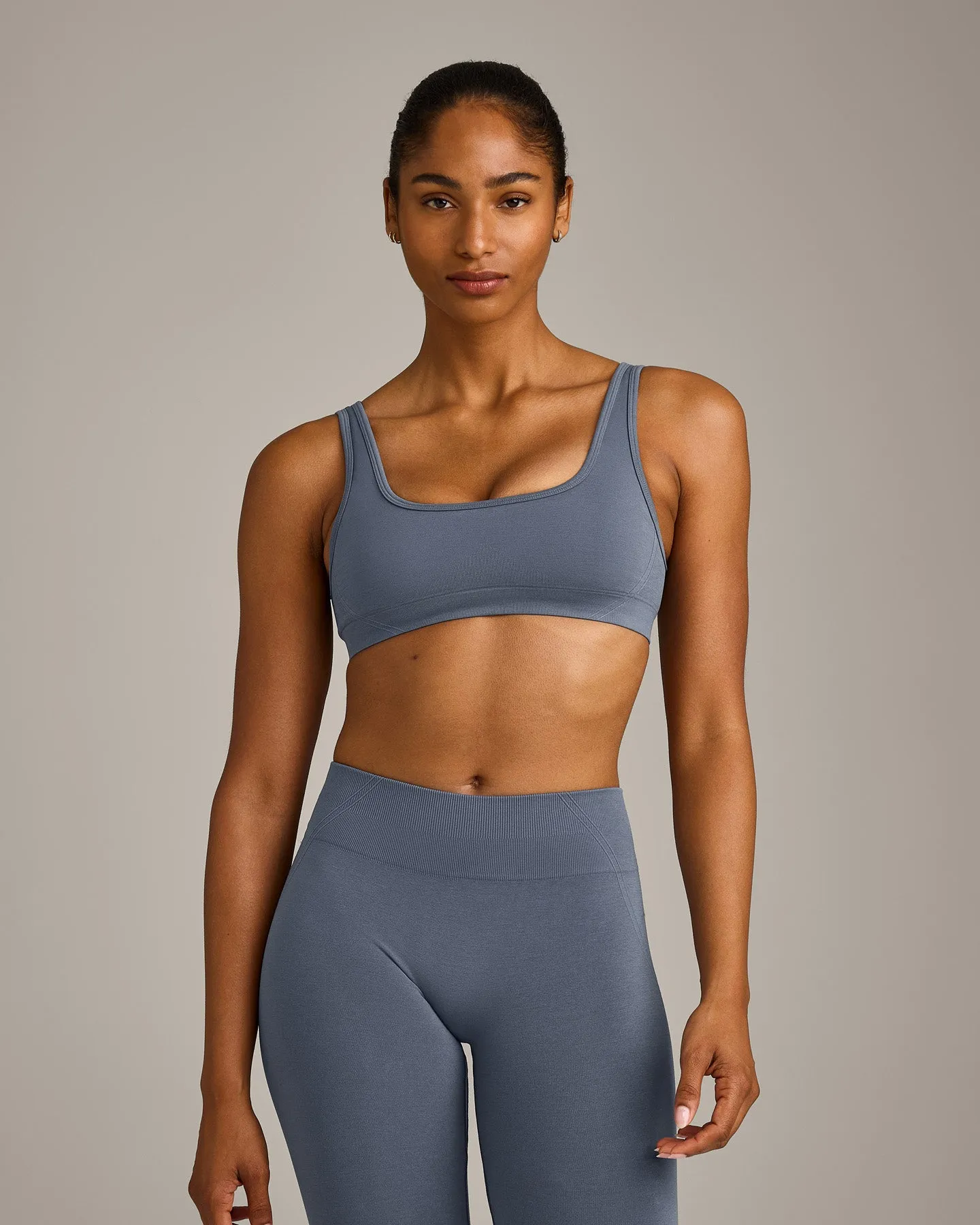 EffortlessLift™ Square Neck Sports Bra with Grey Logo | Light Granite Blue sold by Oner Active