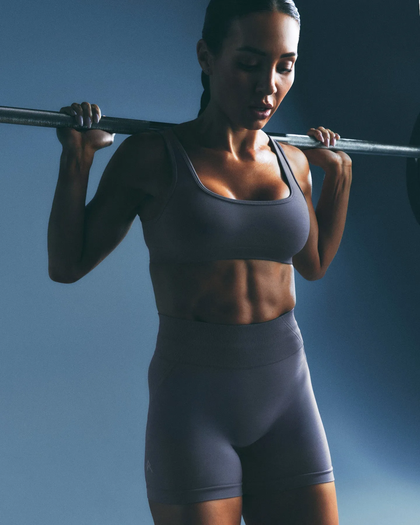 EffortlessLift™ Seamless Mid Rise Shorts with Grey Logo | Light Granite Blue sold by Oner Active product image thumbnail 2