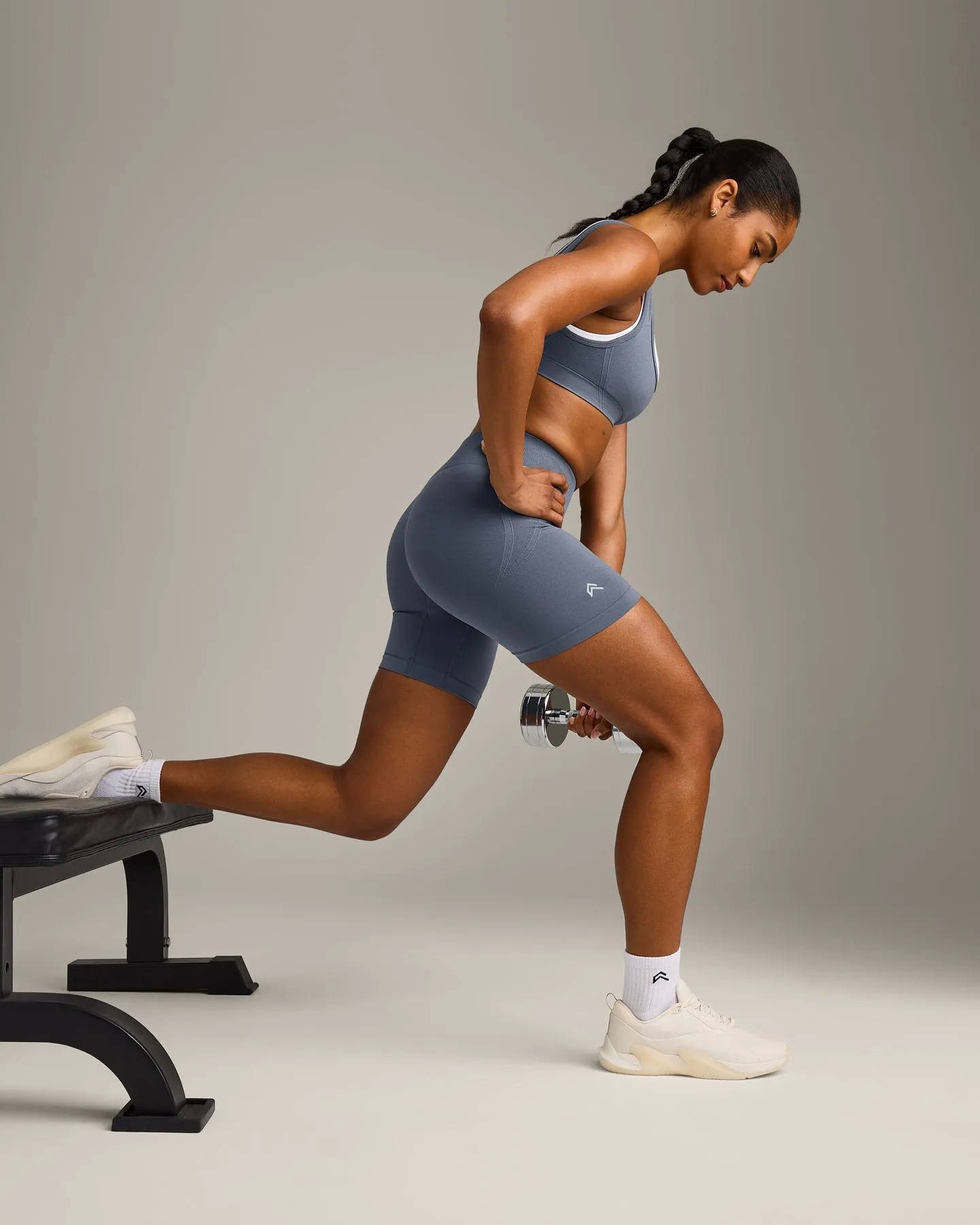 EffortlessLift™ Seamless Mid Rise Shorts with Grey Logo | Light Granite Blue sold by Oner Active product image thumbnail 3