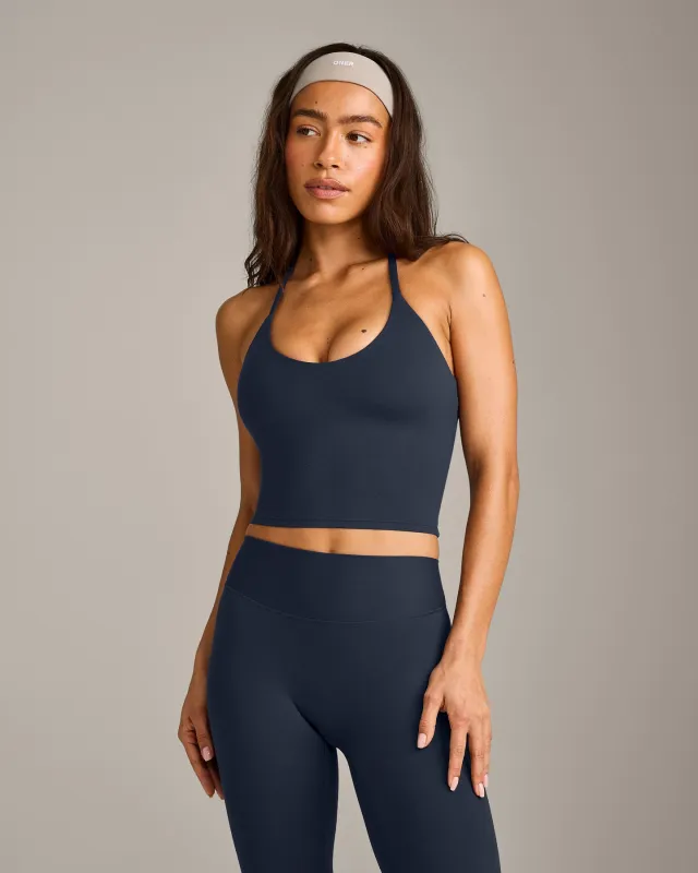 SoftMotion™ Strappy Halter Neck Mid Vest with Built in Bra Shelf with Grey Logo | True Blue made by Oner Active
