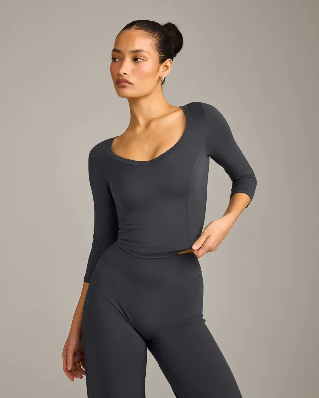 Mellow™ Motion Wide V Neck 3/4 Length Sleeve Mid Top | Coal made by Oner Active