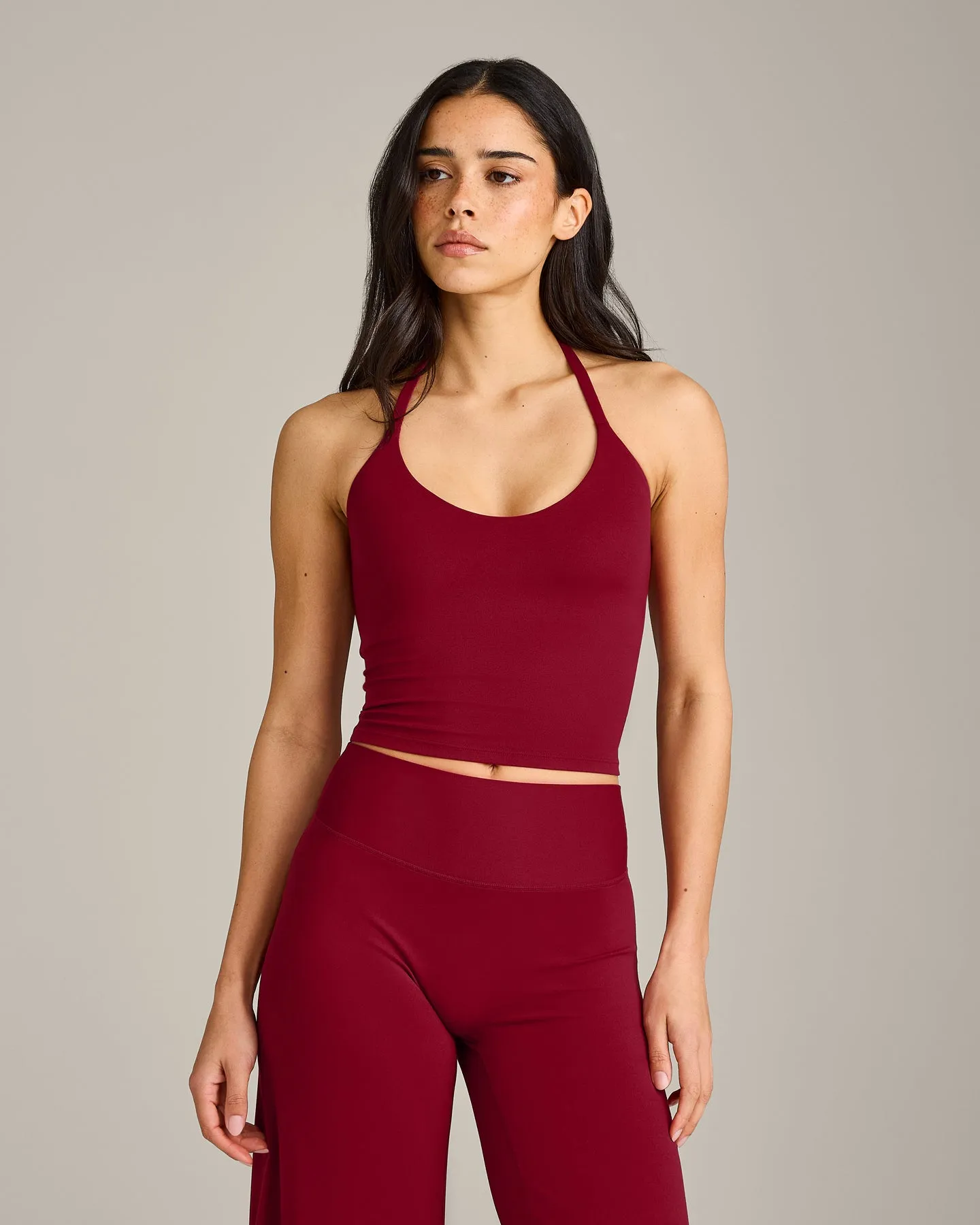 SoftMotion™ Strappy Halter Neck Mid Tank Top with Built in Bra Shelf with Gray Logo | Ruby Red sold by Oner Active