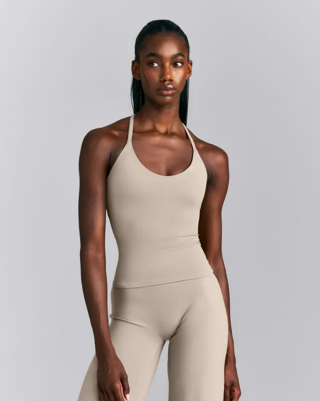 SoftMotion™ Strappy Halter Neck Tank Top with Built in Bra Shelf | Warm Sand made by Oner Active