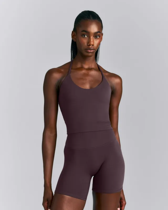 SoftMotion™ Strappy Halter Neck Mid Tank Top with Built in Bra Shelf New Branding | Dark Umber Brown made by Oner Active