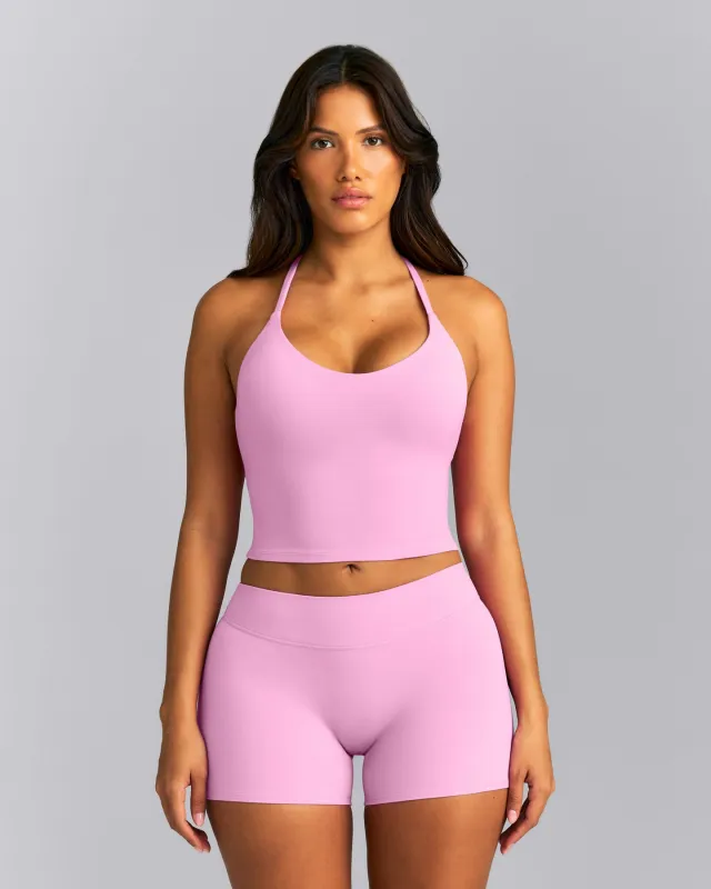 SoftMotion™ Strappy Halter Neck Mid Tank Top with Built in Bra Shelf | Rose Pink made by Oner Active