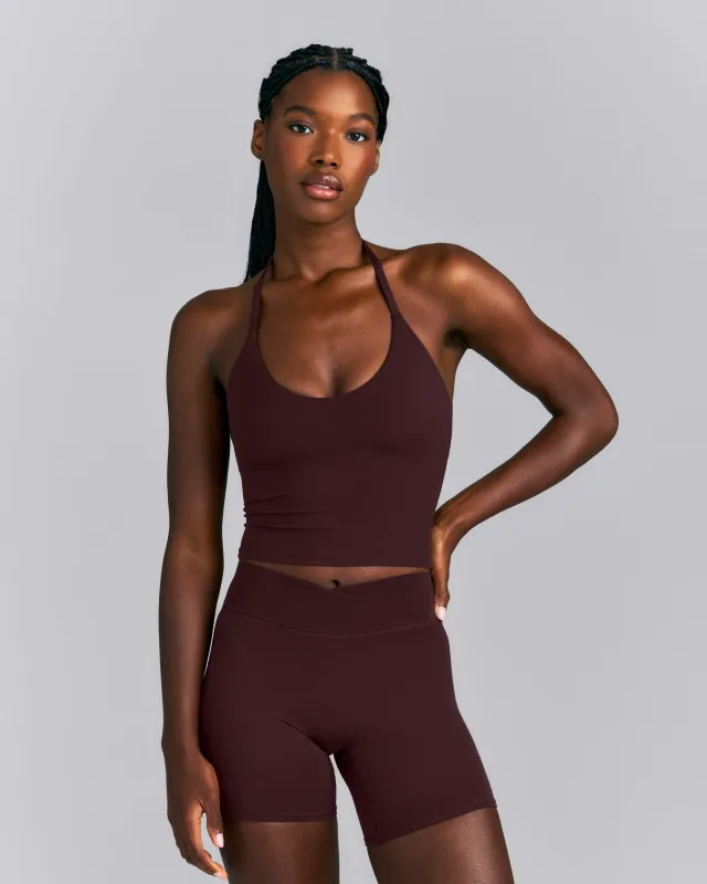SoftMotion™ Strappy Halter Neck Mid Tank Top with Built in Bra Shelf | Plum Brown made by Oner Active