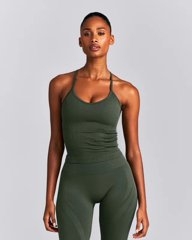 EnhanceLift™ Seamless Strappy Racer Tank Top with Built in Bra | Dark Khaki made by Oner Active