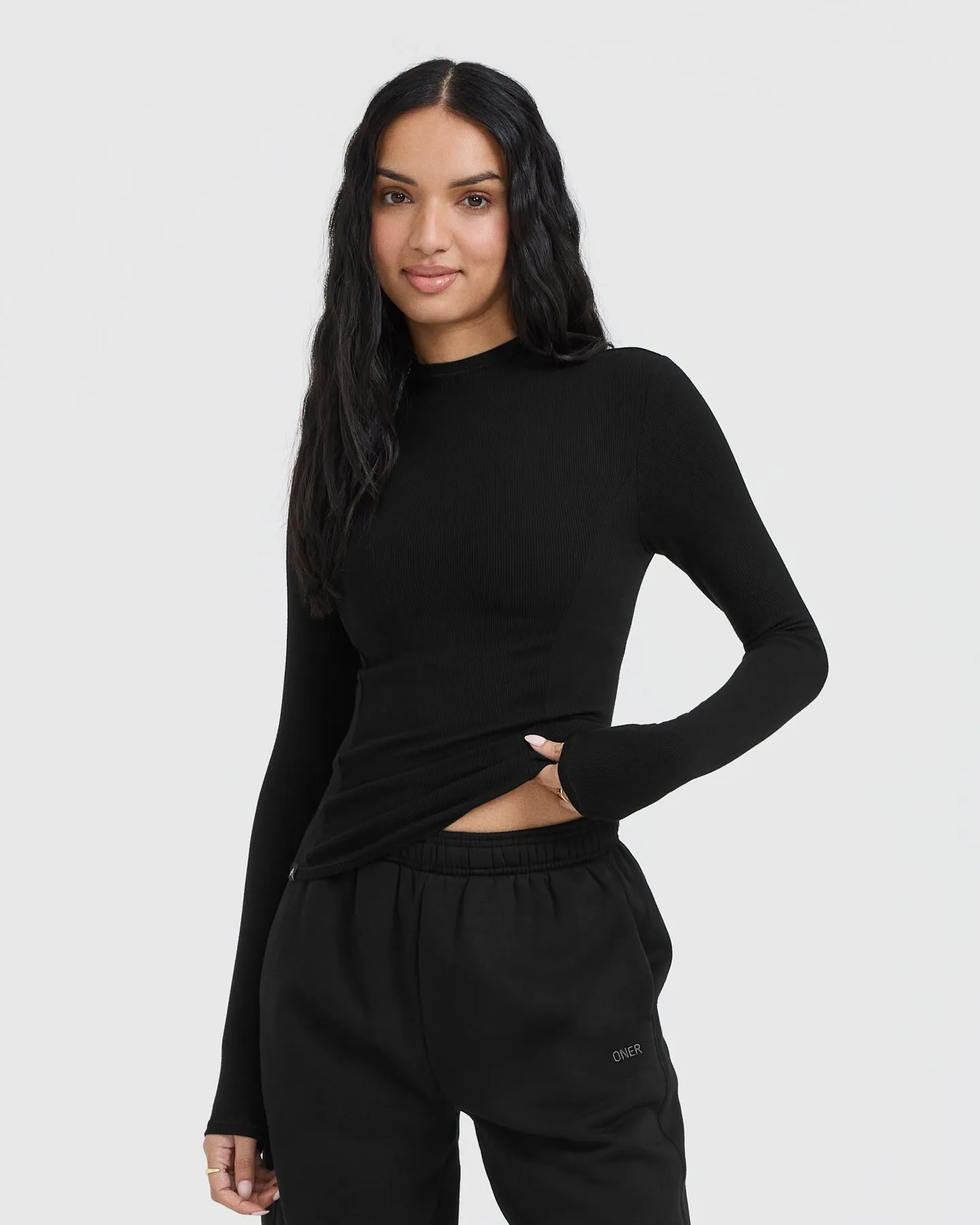Mellow Rib Mock Neck Long Sleeve Top | Black | Parallel