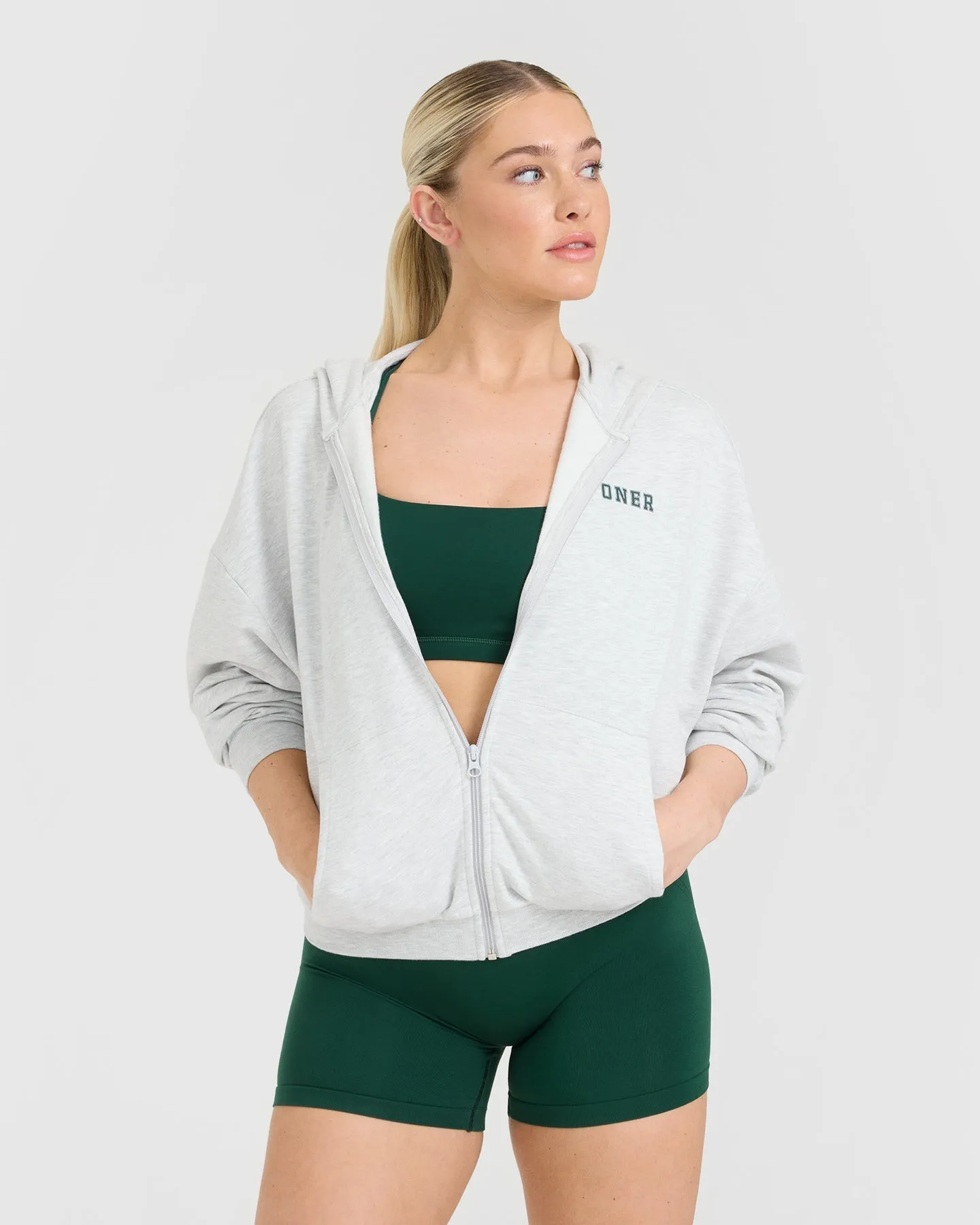 Lightweight Zip Through Hoodie with Printed Logo | Light Grey Marl sold by Oner Active