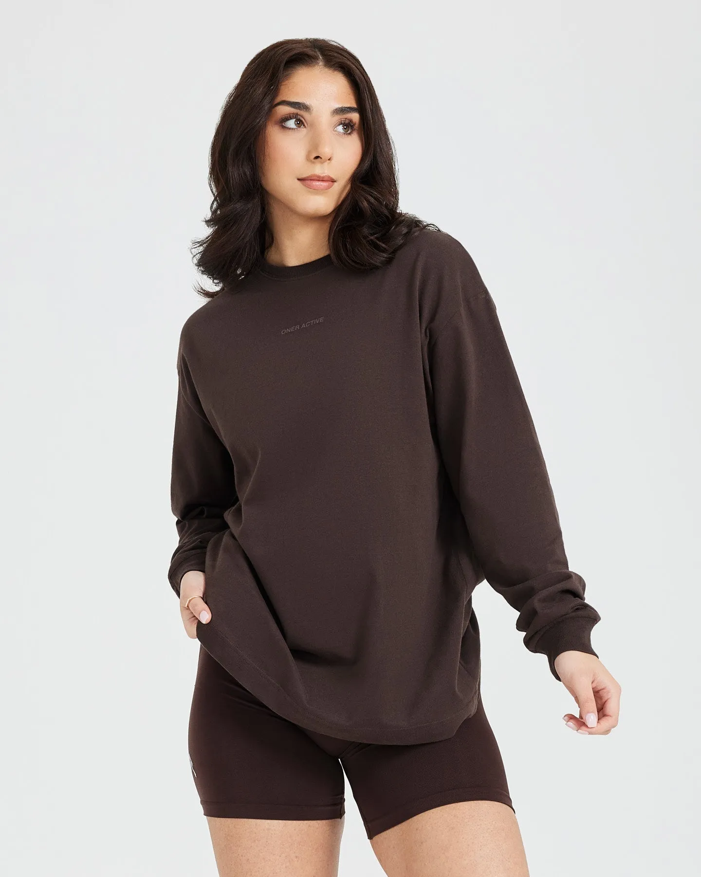 Classic Mirror Graphic Oversized Long Sleeve Top | Washed 70% Cocoa sold by Oner Active