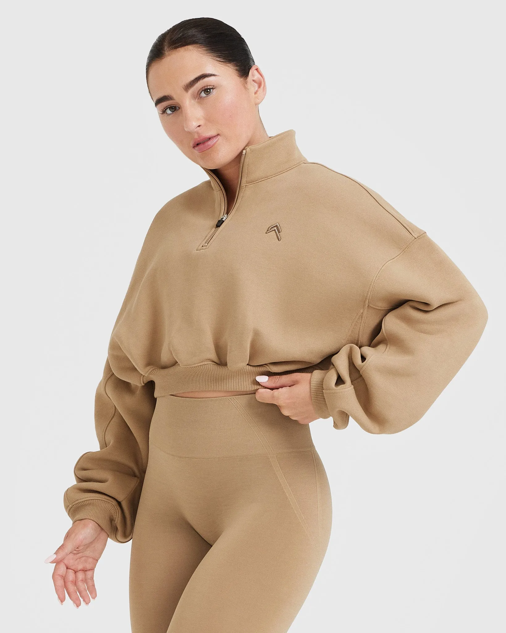 All Day Cosy Crop 1/4 Zip Sweatshirt | Dune Brown sold by Oner Active product image thumbnail 3