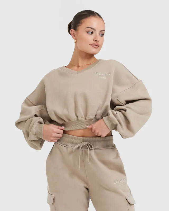 All Day Est 2020 Crop V-Neck Sweatshirt | Sandstone sold by Oner Active