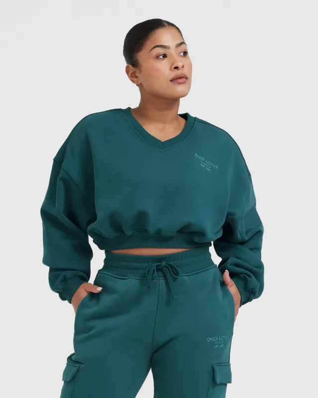 All Day Est 2020 Crop V-Neck Sweatshirt | Marine Teal sold by Oner Active