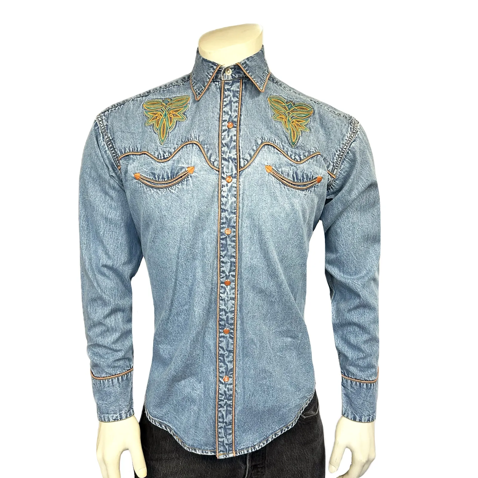 Women's Denim Boot Bug Embroidered Western Shirt sold by Rockmount Ranch Wear