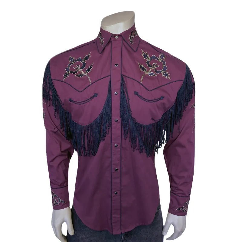 Men's Vintage Burgundy Fringe Embroidered Western Shirt made by Rockmount Ranch Wear