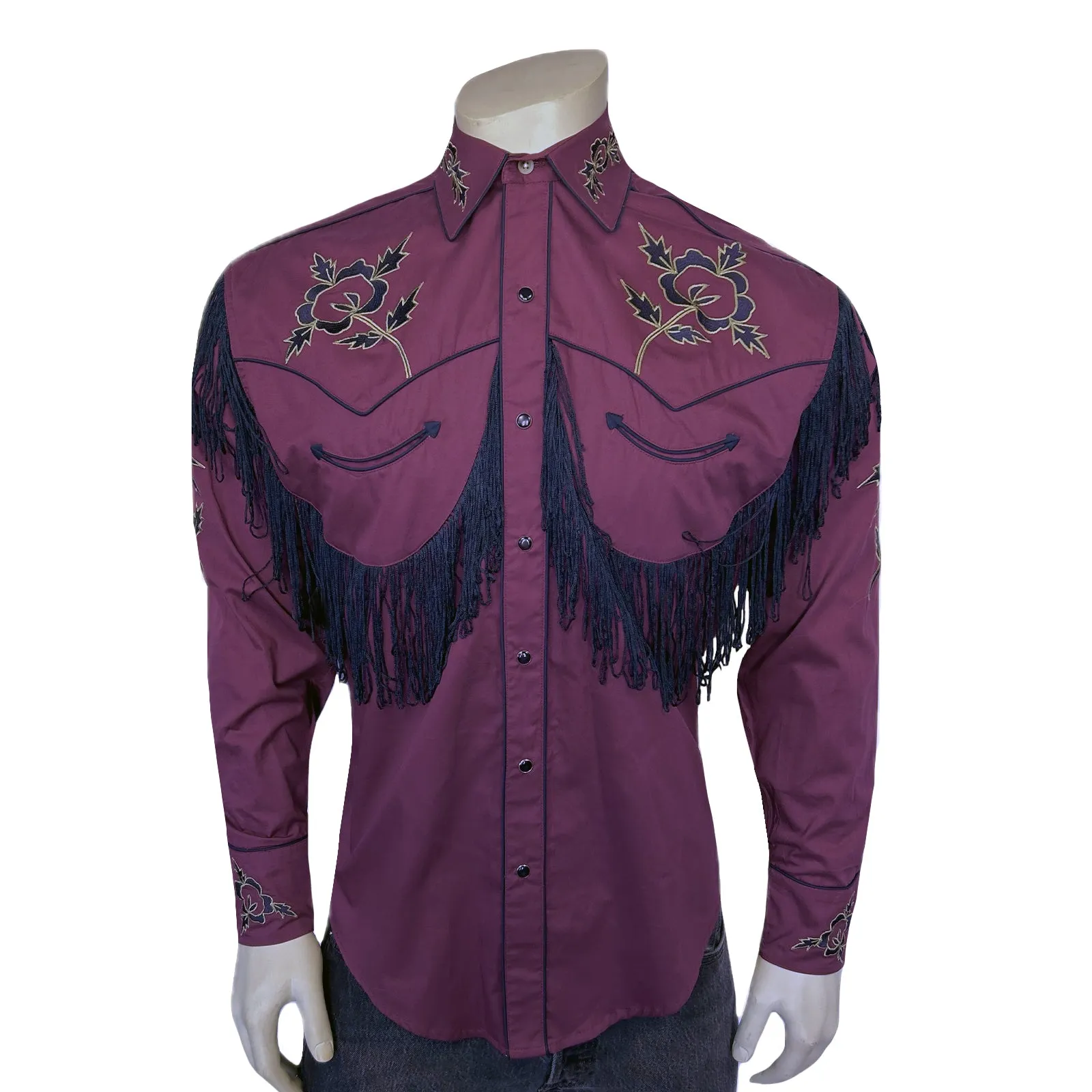 Men's Vintage Burgundy Fringe Embroidered Western Shirt sold by Rockmount Ranch Wear