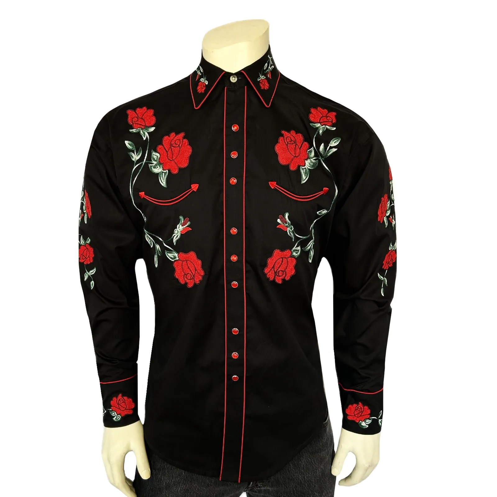 Men's Vintage Black Crochet Rose Floral Embroidered Western Shirt sold by Rockmount Ranch Wear
