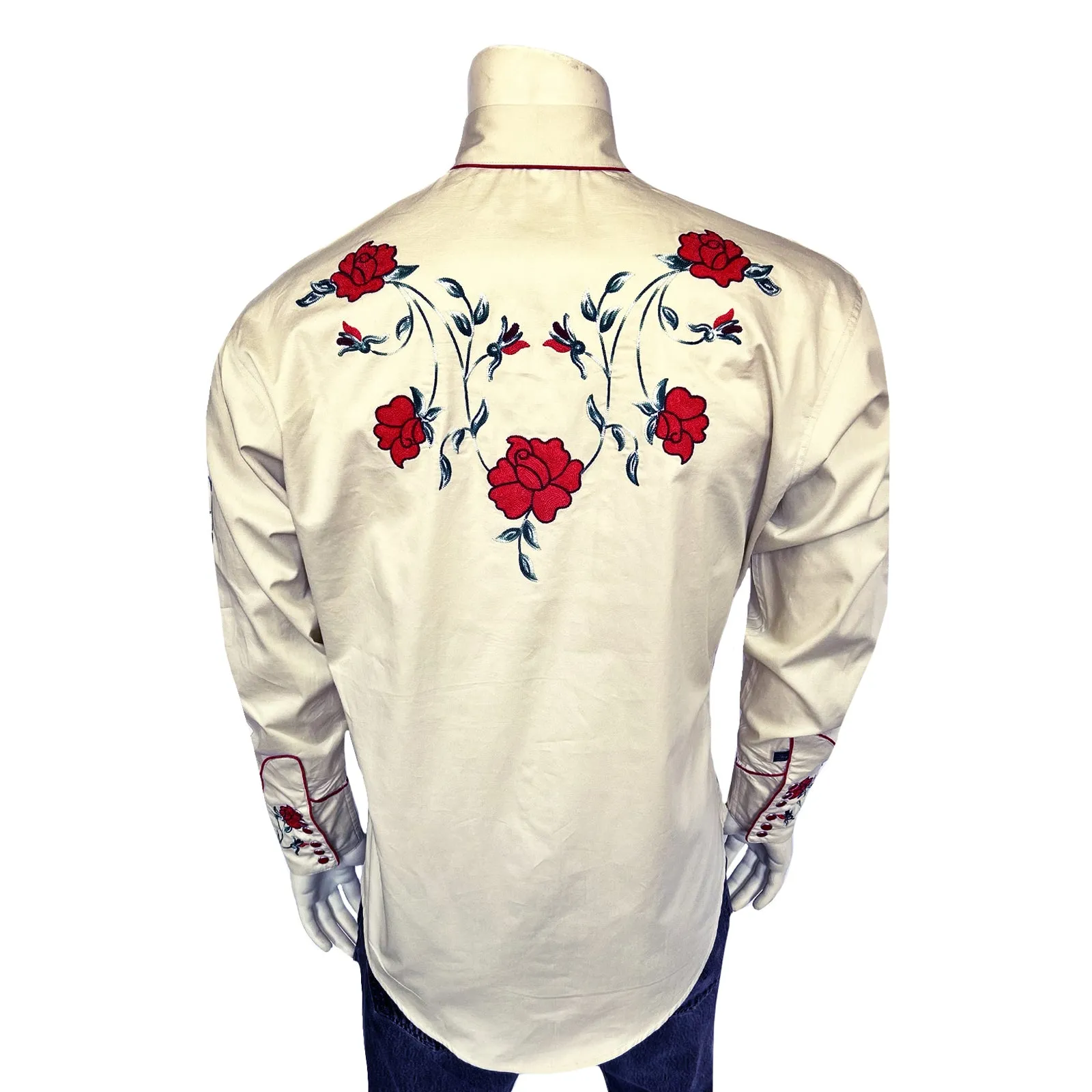Men’s Vintage Khaki Crochet Rose Embroidered Western Shirt sold by Rockmount Ranch Wear product image thumbnail 2
