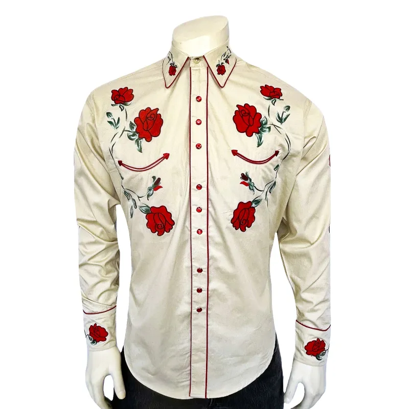 Men’s Vintage Khaki Crochet Rose Embroidered Western Shirt made by Rockmount Ranch Wear
