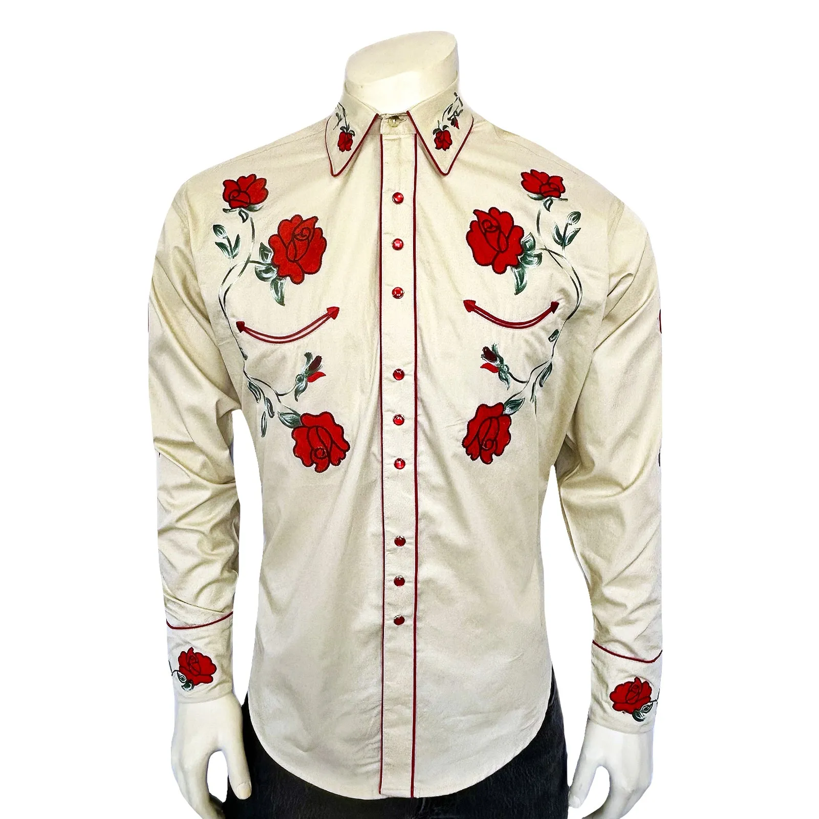 Men’s Vintage Khaki Crochet Rose Embroidered Western Shirt sold by Rockmount Ranch Wear